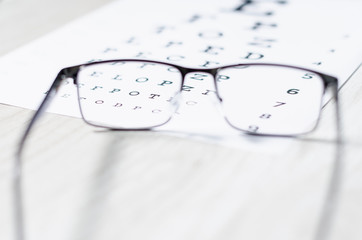 glasses and Eyeglasses on table of check of vision close up - Myopia or hyperopia