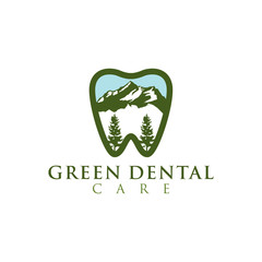 Green dental logo design, mountain tree element nature environment