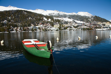 St. Moritz, Switzerand with lake and snowy mountains