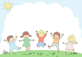 Obraz na płótnie Canvas Happy kids jumping together. Children day, child playing, friends, friendship, park, playground, summer, camp, holiday, outdoor. Template, background, brochure, advertising. Cartoon character drawing.