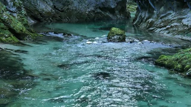 View on the waterfall at the Vintgar gorge near Bled, Triglav, Slovenia