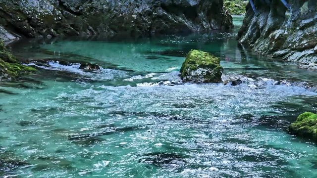 View on the waterfall at the Vintgar gorge near Bled, Triglav, Slovenia