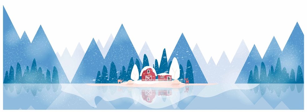 Minimal Panorama Vector illustration of Countryside landscape by the lake in winter  ,banner of farm house .The blue  mountains or hill with snow fall,barn and pumpkin,windmill,anti lope deer.