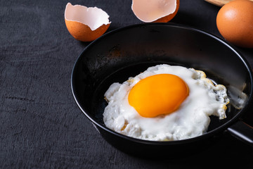 Fried eggs in a frying pan and egg shell  for breakfast on a black background.