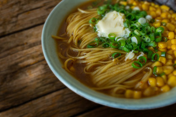 Food photography of a bowl of vegan miso ramen noodle soup