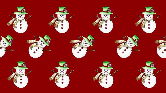 Cute snowman painted with watercolor seamless animation pattern for the your background.Concept of wish a happy Christmas and a happy New Year.