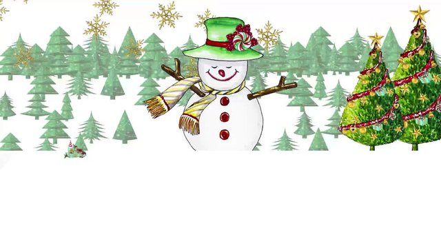 Cute snowman painted with watercolor He jumped out to wish a happy Christmas and a happy New Year for the background, with space to put your greeting message.