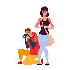 Woman and man taking picture vector design
