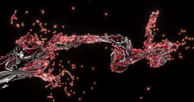 Red wine splash 3d animation. Sparkling fluid flow with swirls and bursting droplets close up render footage. Pink beverage, crimson water whirlpools with drops explosion realistic overlay video