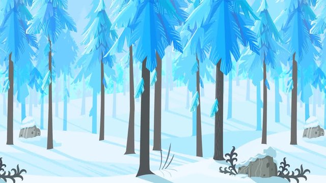 Seamless winter pine forest landscape, cartoon style footage for game scenes