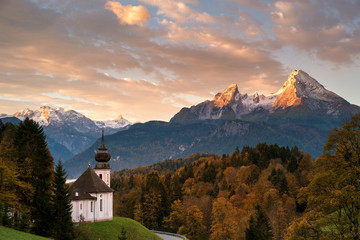 Church of pilgrimage Maria Gern in front of the bavarian alps