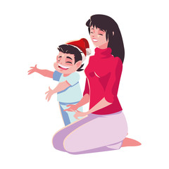 Mother and son with santas hat vector design