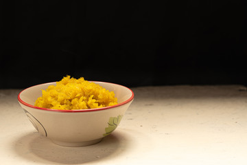 Pumpkin mash in bowl on wooden table