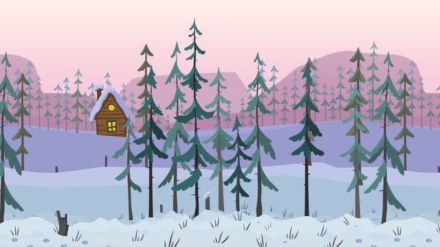 Winter forest scene with wooden hut. Looped seamless animation for game backgrounds