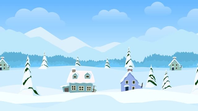 Looped landscape animation with snow landscape and village houses, cartoon scene for games