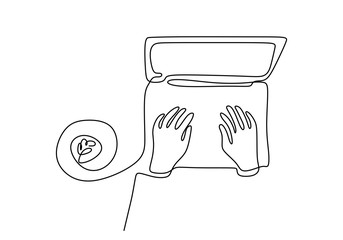 Continuous one line drawing of hand type writing on laptop with a cup of coffee. Concept of typing in the leisure time. Writer idea metaphor of brainstorming vector illustration minimalism.