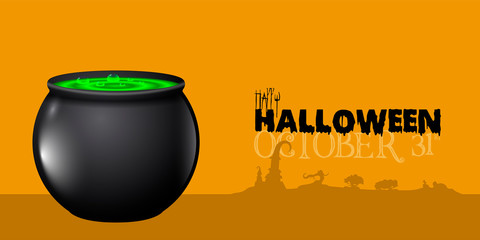 Spooky halloween poster with a witch cauldron - Vector illustration