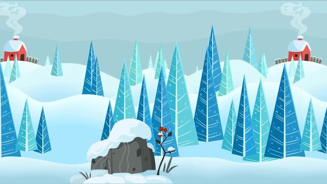 Seamless winter snow and forest landscape, cartoon style footage for game scenes