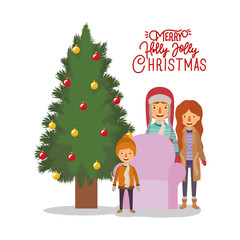 Obraz na płótnie Canvas family members celebrating christmas with pine tree