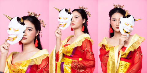 Fototapeta premium Red Gold lace of Chinese Traditional Costume Opera or South East Asia Reddish Dress in Asian Woman with decoration portrait in many poses under Studio lighting Pink background, collage group pack