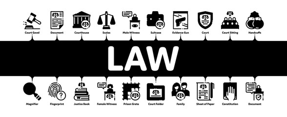 Law And Judgement Minimal Infographic Web Banner Vector. Courthouse And Judge, Gun And Magnifier, Fingerprint And Suitcase, Law Document Concept Linear Pictograms. Contour Illustrations