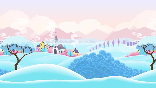 Seamless winter landscape with village in snow, cartoon style footage for game scenes
