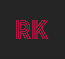 Initial two letter red line shape logo on black vector RK