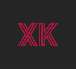 Initial two letter red line shape logo on black vector XK