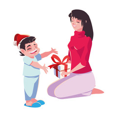 Mother and son with santas hat vector design