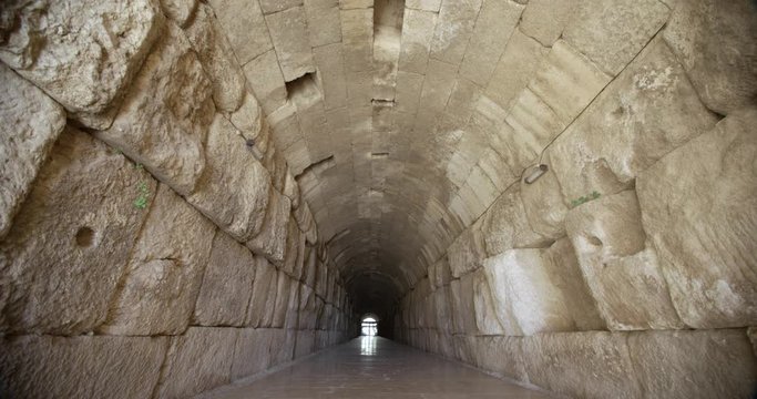 Tilt down on a corridor at Baalbek's Roman ruins, Lebanon