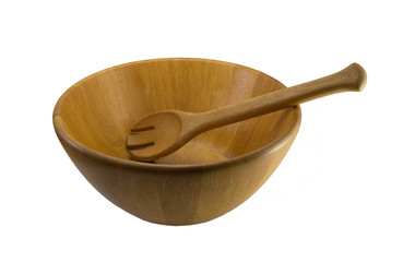 Salad bowl empty of solid white rubber oak teak wood laminated round with spoon ladle tong  stirrer fork isolated on white background.