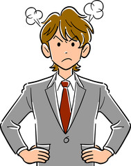 腰に手をあてて怒る茶髪の若いビジネスマンの上半身