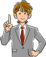 人差し指を立てて説明する茶髪の若いビジネスマンの上半身