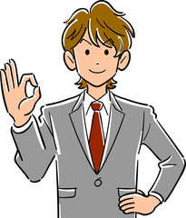 手でOKのサインを出す茶髪の若いビジネスマンの上半身