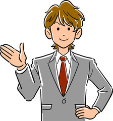 手のひらを右側に向ける茶髪の若いビジネスマンの上半身