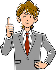 サムズアップする茶髪の若いビジネスマンの上半身