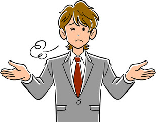 両手を広げてため息をつく茶髪の若いビジネスマンの上半身