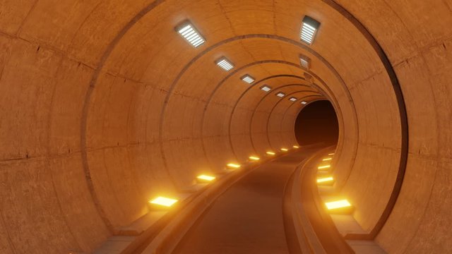 Train tunnel fiction in interior rendering sci-fi,orange tunnel light,3D rendering