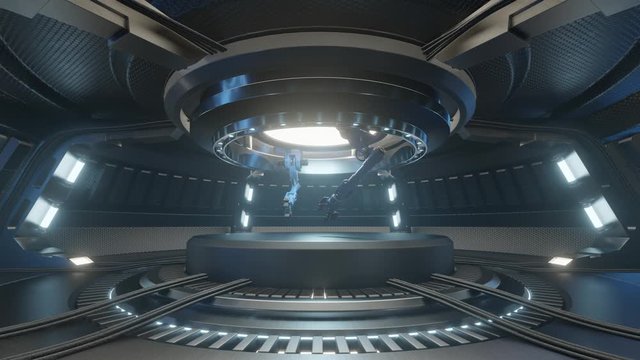 The rooms of the future with the podium and has a mechanical arm for the handle of the research thing.3D Rendering