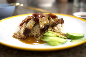 Crispy pork rice die cut in black background, focus selective.