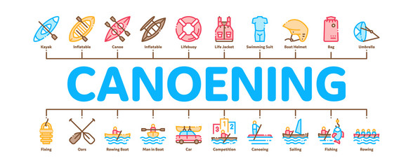 Canoeing Minimal Infographic Web Banner Vector. Canoe Transportation On Car And Canoening Protection Safety Life Equipment Concept Linear Pictograms. Color Contour Illustrations