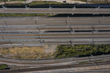 Aerial shot of dense electrified railway line top view