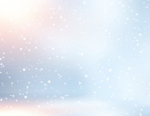 Snow falls in empty background. Winter interior 3d illustration. Bright lights on blue gleam wall. Brilliance blurred texture. 
