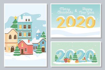 new year 2020 greeting cards village houses snow gifts boxes