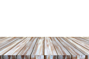 Perspective wooden table top, desk isolated on white background, Wood table surface for product display background, Empty wooden counter, shelf isolated on white for food display banner, backdrop