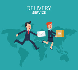 Young businessman and business woman running over the world map. Post letter, delivery service or e-mail vector concept