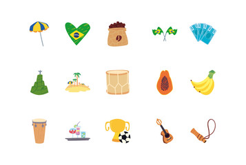 set of icons of rio de janeiro carnival on white background