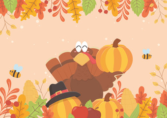 Obraz na płótnie Canvas happy thanksgiving turkey holding pumpkin bees and foliage celebration
