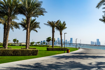 Fototapeta na wymiar Abu Dhabi – City Skyline from the Louvre Abu Dhabi Museum