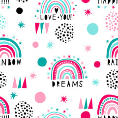 Materiał do szycia Rainbow and text seamless pattern child color naive style. Abstract hand drawn style.